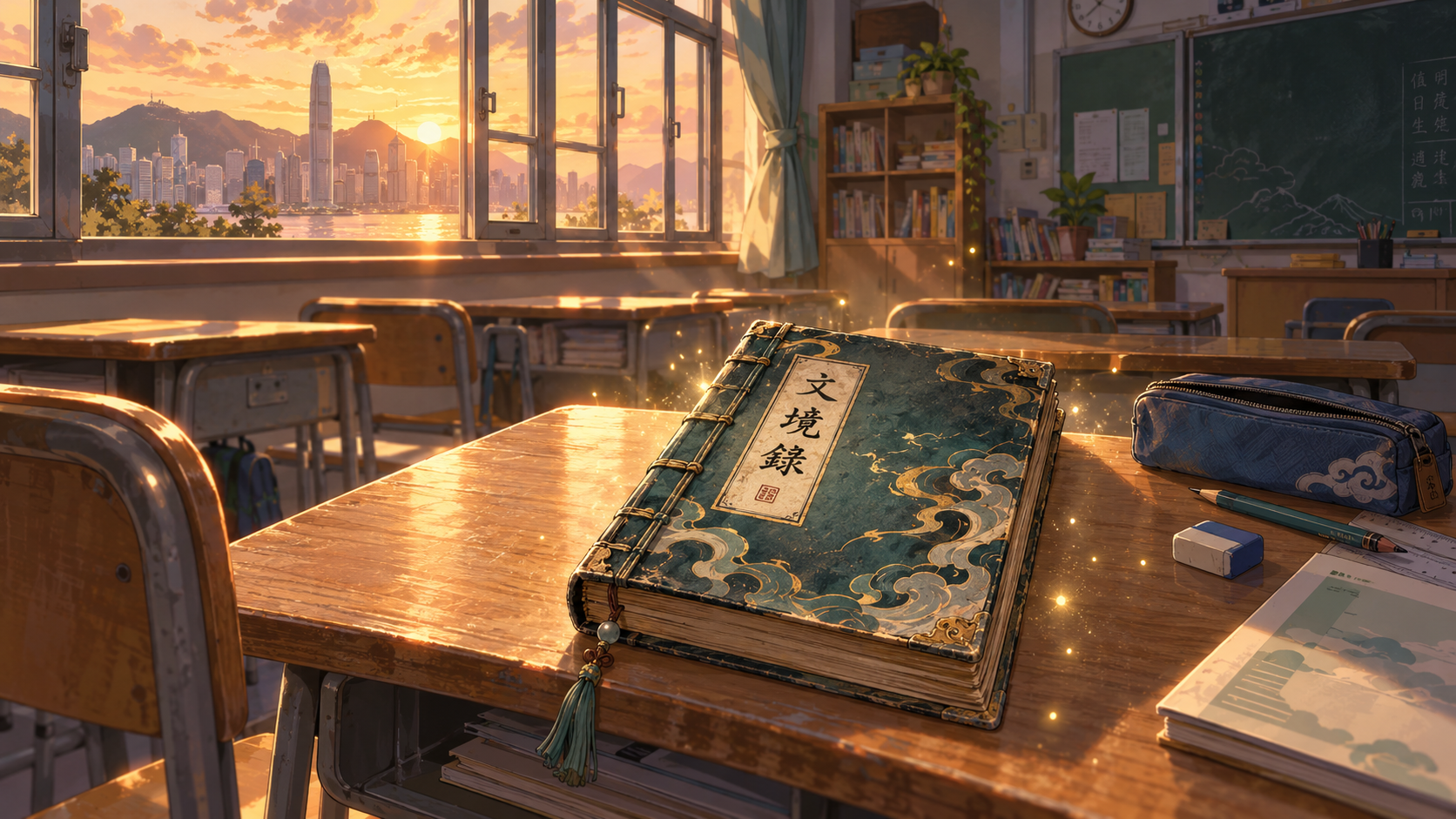 課桌上放着一本書封寫有文境錄的古書
